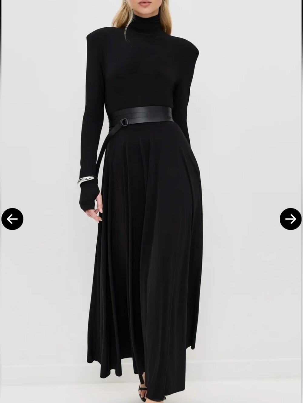 Norma Kamali Long Sleeve Shoulder Pad Turtle Flared Dress Black L/40 NWT Stretch